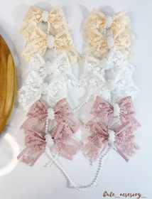 تصویر پاپیون ریسه مروارید جنس دانتل - سفید 