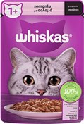 تصویر پوچ گربه بالغ ویسکاس ماهی سالمون در سس گروی 85 گرمی (ترکیه) Whiskas Salmon Gravy 85g