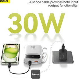 تصویر پاوربانک باسئوس مدل Qpow2 DualCable ظرفیت ۱۰ هزار میلی‌آمپر ساعت ۳۰ وات 