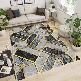 تصویر فرشینه طرح مدرن خطوط طلایی زمینه ذغالی خاکستری کد h260 modern rug h260