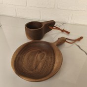 تصویر ست کوکسا و بشقاب چوبی دسته دار دستساز، ست ظروف طبیعت گردی چوبی گردو کد 285 