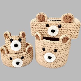تصویر سبد قلاب بافی تریکو مدل سبسمونی نوزادی طرح خانواده خرسی کد 58 مجموعه 4 عددی 