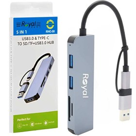 تصویر هاب و ریدر 5 پورت ROYAL RHC-30 TYPE-C ROYAL RHC-30 USB 3.0 HUB Type-C Adapter SD+TF Multi-Port USB Splitter Expander