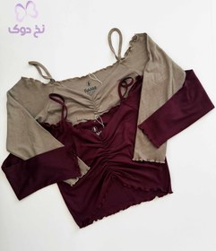 تصویر تاپ پنبه کبریتی دکلته آستین دار - خاکی 