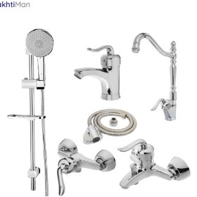 تصویر ست 6 عددی شیرآلات مدل قاجاری با دوش تک کاره - کروم Ghajari Economic Faucet set six pieces