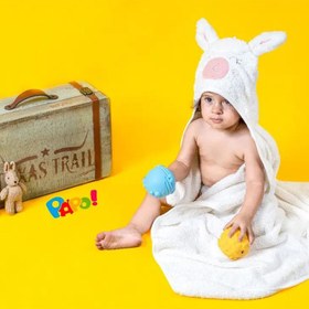 تصویر حوله دورپیچ کلاه دار نوزاد طرح لاما پاپو Papo Lama Papo Lama Baby Hooded Towel