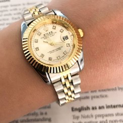 تصویر ساعت مچی رولکس دیت جاست زنانه بند دو رنگ استیل ضد زنگ صفحه سفید 