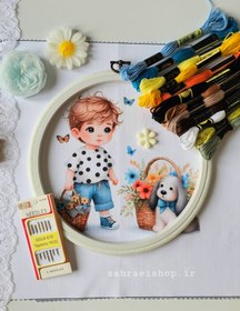 تصویر پک آماده گلدوزی طرح پسرک با سبد گل و سگ 