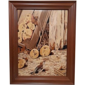 تصویر تابلو چوب معرق منبت طرح گنجشک و سیب سایز 97×77 سانتیمتر با قاب چوب راش 
