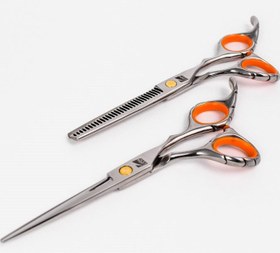 تصویر ست قیچی فینی 6 اینچ نارنجی (کات و پیتاژ) ا 6inch orange finny scissors set (cut and pittage) 6inch orange finny scissors set (cut and pittage)