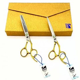 تصویر ست قیچی فینی 6اینچ دسته طلایی (کات و کوتاهی _ پیتاژ - تم آبی) 6inch fine scissors set with golden handle (cut and short _ pitage - blue theme)