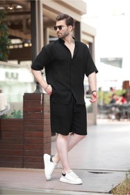تصویر Siyah Basic Erkek Şort Gömlek Takım E7321 | Madmext | اورجینال 