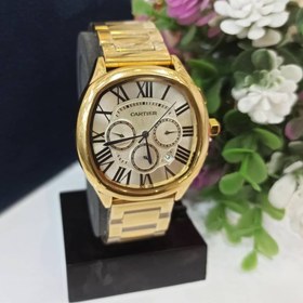 تصویر ساعت مچی مردانه سه موتور فعال کرنوگراف بند طلایی صفحه سفید برند کارتیر CARTIER،تکی به قیمت عمده CARTIER