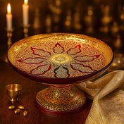 تصویر شیرینی خوری پایه دار کریستال طلاکوب طرح کاستل رنگ قرمز با طلاکاری 12 عیار هلند 