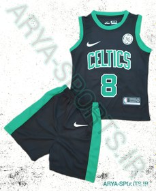 تصویر لباس بسکتبال پسرانه رنگ سبز مشکی سلتیکس کیفیت A+ تایلندی A+ Thai quality Celtics green black basketball uniform for boys