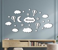 تصویر استیکر چوبی اتاق کودک طرح ابر و بالون و ستاره اتاق کودک مدل BDR115