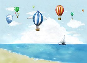 تصویر پوستر لایه‌باز کودکانه و کارتونی ساحل دریا و قایق بادی به همراه بالون‌های زیبا (PSD) 
