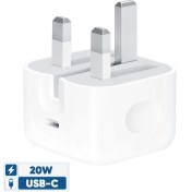 تصویر شارژر دیواری 20 وات اپل مدل 20W USB-C با اتصال به پریز سه پین و تکنولوژی شارژ سریع شارژ سریع USB PD 1.0، دارای یک عدد درگاه خروجی USB Type-C و قابلیت شارژ لپ تاپ Apple 20W