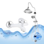 تصویر ست ۲ عددی دوش حمام با علم یونیورست مدل شیپوری و شیر مدل قهرمان | سفید کروم براق | شیرآلات برند آیدا صنعت 