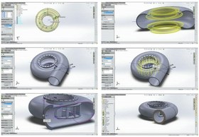 تصویر مدل سازی پوسته حلزونی و پره های داخل توربین در SolidWorks ا modeling of coils and blades inside turbine in SolidWorks modeling of coils and blades inside turbine in SolidWorks