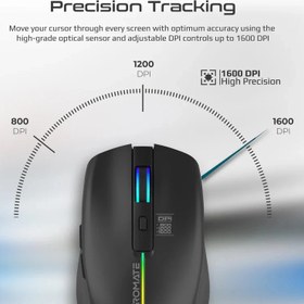 تصویر ماوس بی سیم پرومیت مدل KITT با باتری داخلی قابل شارژ و نورپردازی RGB- مشکی 2.4GHz Wireless Ergonomic Optical Mouse with LED Rainbow Lights