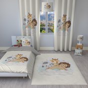 تصویر ست اتاق خواب کودک روتختی، پرده و فرشینه طرح حیوانات با رنگین کمون 