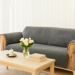 تصویر کاور مبل ضد اب مدل مخمل راه راه دارای لایه ضد لغزش که فیکس مبل میشه مناسب برای هر مبلی به جز مبل تاج دار و کاملا طبق اندازه مبلتون اماده میشه - شیری / یک نفره Sofa cover