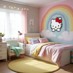 تصویر چراغ خواب و آباژور دیواری طرح هلو کیتی مدل ۱۶ رنگ ریموت دار 