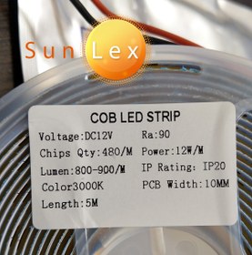 تصویر ریسه COB نواری سانلکس 12 ولت تراکم 480 پشت چسب دار 5 متری عرض 10 میلی متر آفتابی COB rope light 12V 480D 5M 10mm WW