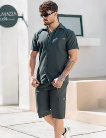 تصویر ست پیراهن و شلوارک کتان مردانه کد 241001 