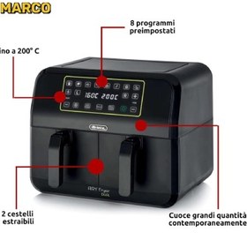 تصویر سرخ کن بدون روغن دوقلو آرییته مدل 4624 اورجینال ارسال فوری Ariete 4623 Airy Fryer Dual, Air fryer with double basket, 1700 W, 8 L capacity, 3 cooking functions, digital LED touch panel, 8 preset programs, timer, 2 baskets, black (by Delonghi Group)