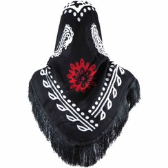 تصویر روسری نخی کردستان قواره بزرگ گل قرمز ریشه دار مشکی 