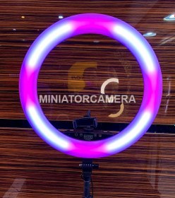 تصویر رینگ لایت رنگی RGB18 به همراه سه پایه، ریموت و هولدر موبایل RGB18 color ring light with tripod, remote and mobile holder