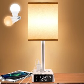 تصویر چراغ میز /4 پورت USB /پریز /آلارم ساعت Ausfore Table Lamp - Bedside Lamp with 4 USB Ports and AC Power Outlets, Alarm Clock Base w/ 6Ft Extension Cord, Square Oatmeal Fabric Lampshade Modern Accent Nightstand Lamps for Bedrooms Living Room Square White