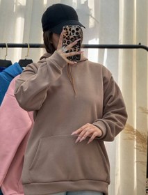 تصویر هودی زنانه دورس سه‌ نخ توکرکی قواره باکسی - نسکافه ای 