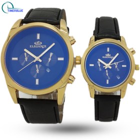 تصویر ساعت مچی ست الگانس طرح کرنو بند چرمی مشکی تقویم دار | بدنه طلایی Elegance set watch