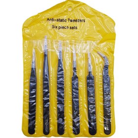 تصویر ست 6 تایی پنس آنتی استاتیک استیل ESD ا Stainless steel ESD anti-static tweezers set, repair and maintenance tool set, Anti-static model Stainless steel ESD anti-static tweezers set, repair and maintenance tool set, Anti-static model