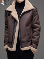 تصویر کاپشن چرم بوفالو گرید A کد 8801 - قهوه ای تیره / XL گرید A