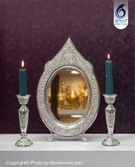 تصویر آینه شمعدان بیضی تاجدار شبه نقره قلم گل و مرغ سفید طرح نقره با روکش و ضمانت 36 ماهه صنایع دستی کیمیاترنج 