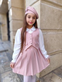 تصویر ست شومیز و جلیقه و دامن و کلاه مناسب ۴ الی ۱۰ سال 