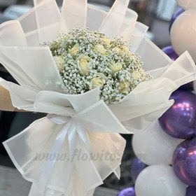 تصویر دسته گل ژیسوفیلا و رز سفید کد 6 