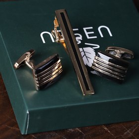 تصویر ست دکمه سردست و گیره کراوات مشکی طلایی NESEN مدل ST6 