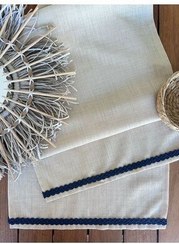 تصویر رانر و زیر بشقابی آبی کتانی بافت جوت خط دریایی رانینگ دویدن طراحی تزئینی desen izmir 