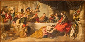 تصویر عکس با کیفیت نقاشی رنسانسی گروهی بر سر میز در حال صحبت 