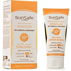 تصویر ضد آفتاب سان سیف مدل سنسی فلوئید 50+ SPF Physical Sunblock Fluid SPF50 Sun Safe