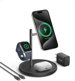 تصویر شارژر بی سیم مگنتی Anker MagGo Wireless Charging Station (3-in-1 Stand) Qi2 مدل B25M3 