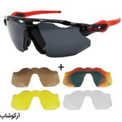 تصویر عینک ورزشی اوکلی با فریم مشکی و قرمز، 5 کاور لنز قابل تعویض و تجهیزات کامل مدل OO9442-0638 