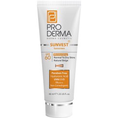 تصویر کرم ضد آفتاب رنگی با SPF 60 مناسب پوست معمولی و خشک حجم 40 میلی لیتر پرودرما Natural Beige Proderma Sunvest SPF 60 Normal To Dry Skin Tinted Sun Screen 40 ml