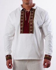 تصویر پیراهن کتان چهار فصل با خرج‌کار قلمکار و یقه برگردان از پارچه وارداتی مرغوب 