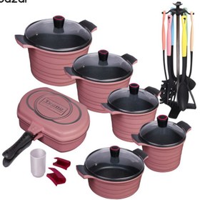 تصویر سرویس قابلمه 22 پارچه تکنو طرح ونوس _ مشکی ا 22-piece techno pot service, venus design - black 22-piece techno pot service, venus design - black